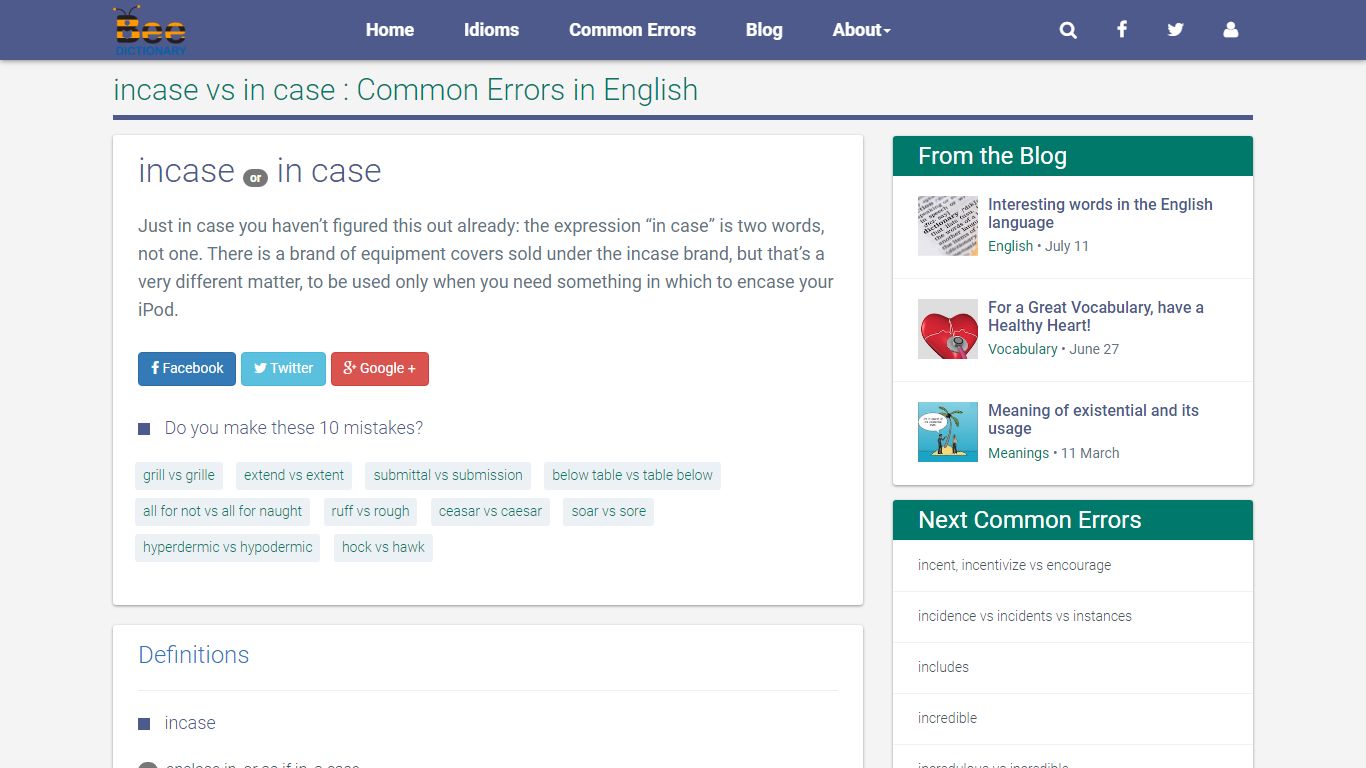 incase vs in case : Common Errors in English - BeeDictionary